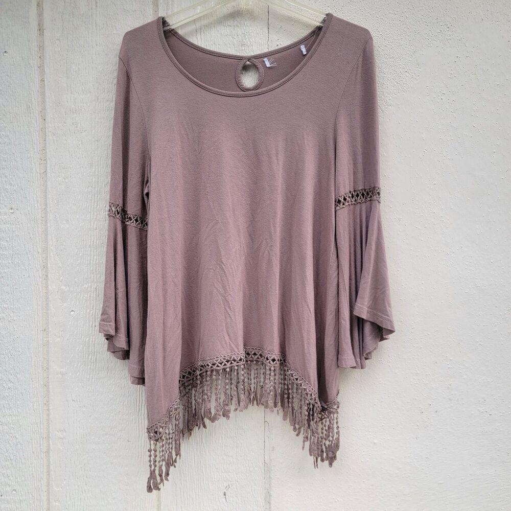 Bell sleeve fringe detail Brown top Bohemian Fairy Sz M/L